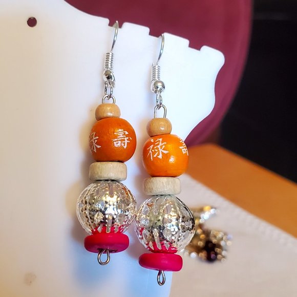 1.5" Silver Tone Hook Metal and Wood Bead Earrings